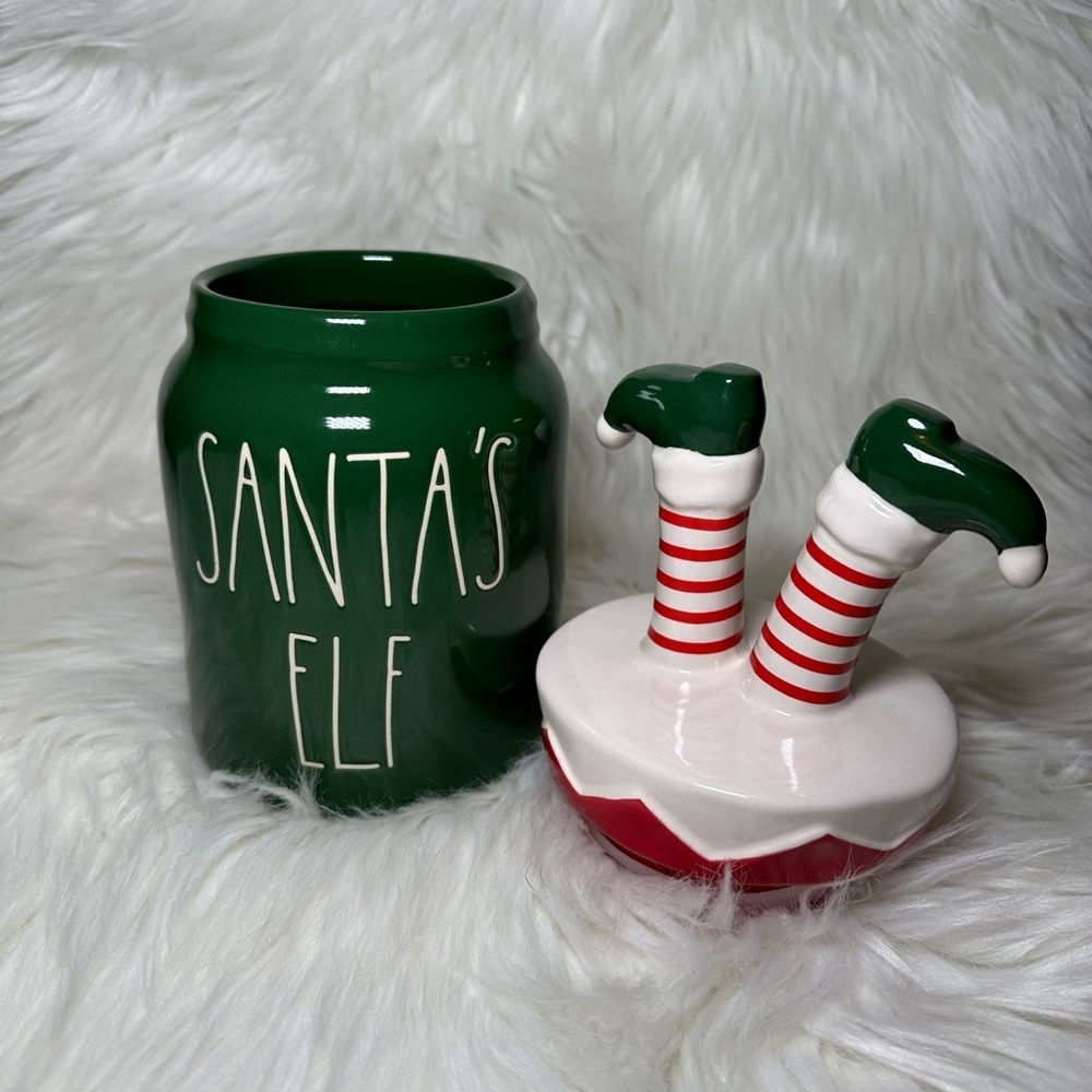 Rae Dunn Santa's Elf Canister with Elf Legs Topper Green and Red - Picture 3 of 4